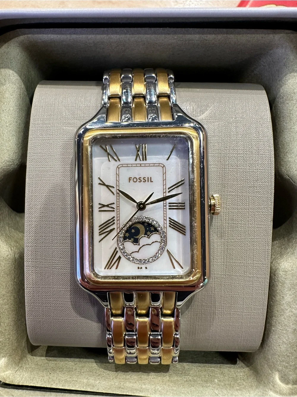 Fossil Two-Tone Gold and Silver Rectangular Moonphase Watch